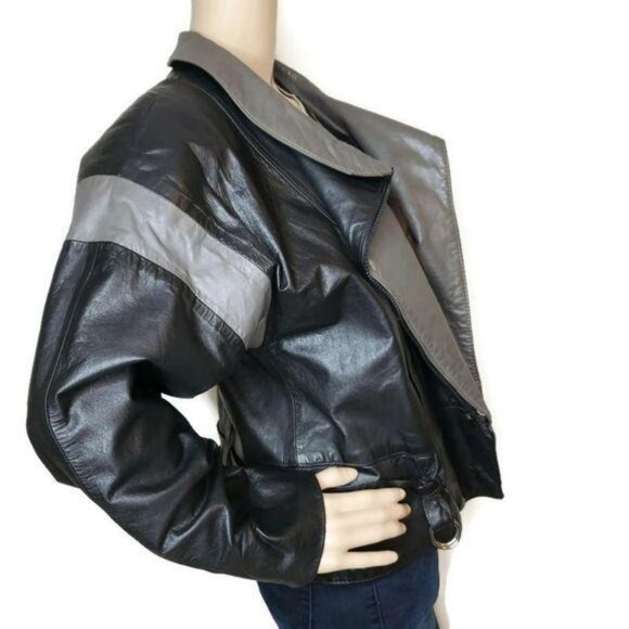 Avanti vintage Womens Leather Jacket Size 8 Black & Gray Asymmetrical Zip moto - Picture 8 of 11
